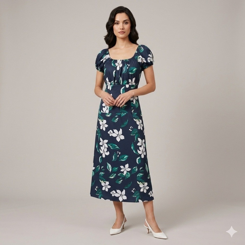 Caroline Constas Floral Square Neck Puff Sleeve Midi Dress in Navy Size Large